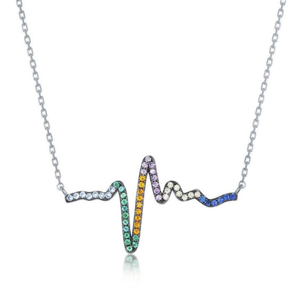Sterling Silver Rainbow Cubic Zirconia Heartbeat Necklace ,