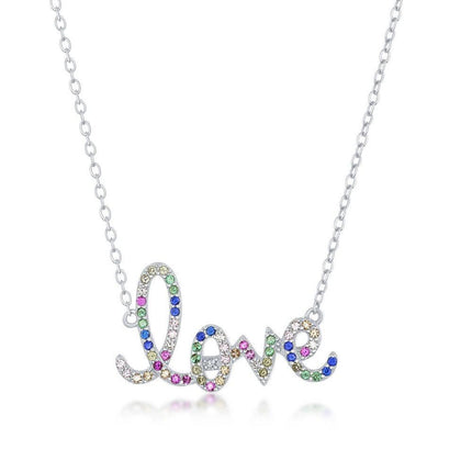 Sterling Silver Rainbow Cubic Zirconia 'Love' Script Necklace ,