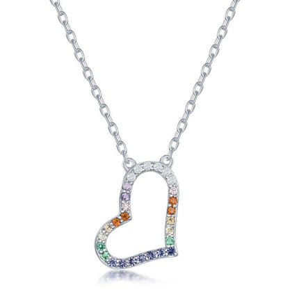 Sterling Silver Rainbow Cubic Zirconia Sideways Heart Necklace ,