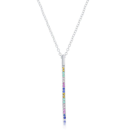 Sterling Silver Rainbow Cubic Zirconia Vertical Bar Necklace ,