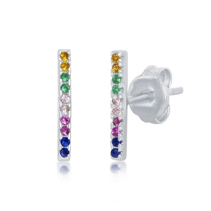 Sterling Silver Rainbow CZ Bar Stud Earrings ,