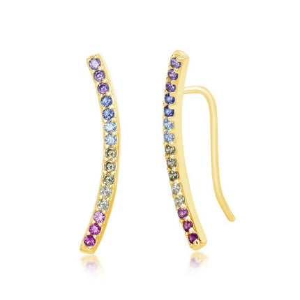 Sterling Silver Rainbow CZ Crawler Earrings - Gold Plated ,