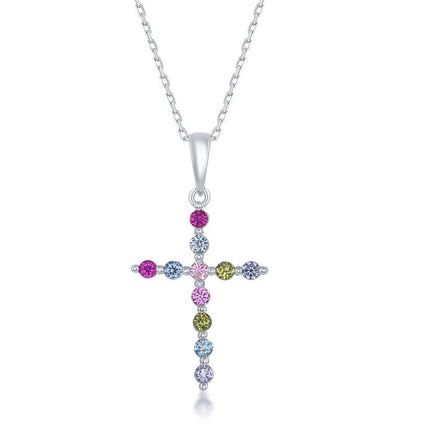 Sterling Silver Rainbow CZ Cross Pendant ,