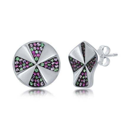 Sterling Silver Rainbow CZ Designed Stud Earrings ,