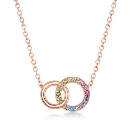 Sterling Silver Rainbow CZ Double Linked Circle Necklace - Rose Gold Plated ,