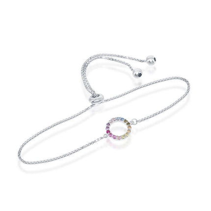 Sterling Silver Rainbow CZ Open Circle with Box Chain Bracelet ,