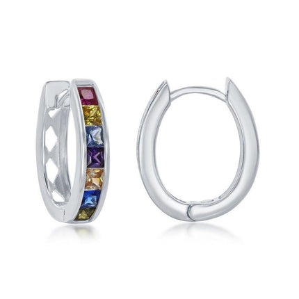 Sterling Silver Rainbow CZ Oval Hoops Earrings ,