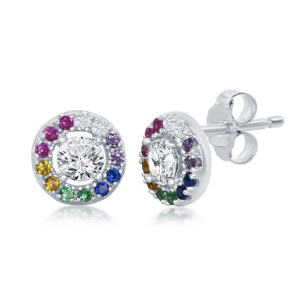 Sterling Silver Rainbow CZ Round Stud Earrings ,