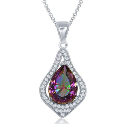 Sterling Silver Rainbow Teardrop CZ Border Pendant ,