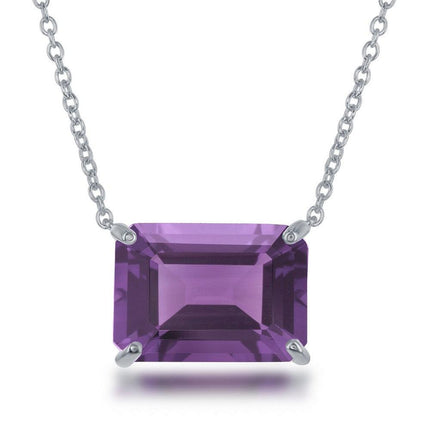 Sterling Silver Rectangle Amethyst Prong Set Necklace ,