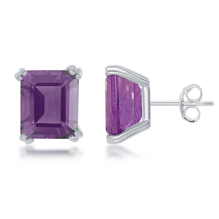 Sterling Silver Rectangle Amethyst Prong Set Stud Earrings ,