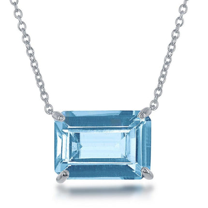 Sterling Silver Rectangle Blue Topaz Prong Set Necklace ,