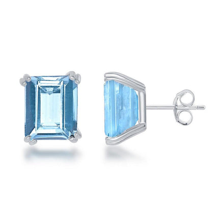 Sterling Silver Rectangle Blue Topaz Stud Earrings ,