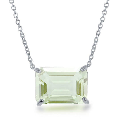 Sterling Silver Rectangle Green Amethyst Prong Set Necklace ,