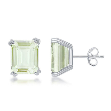Sterling Silver Rectangle Green Amethyst Prong Set Stud Earrings ,