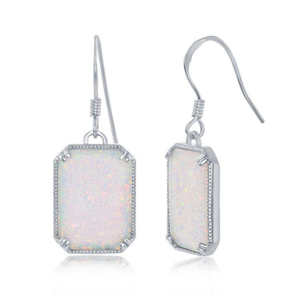 Sterling Silver Rectangle White Opal Beaded Earrings ,