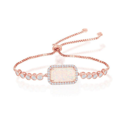 Sterling Silver Rectangle White Opal with CZ Border Adjustable Bolo Bracelet - Rose Gold Plated ,