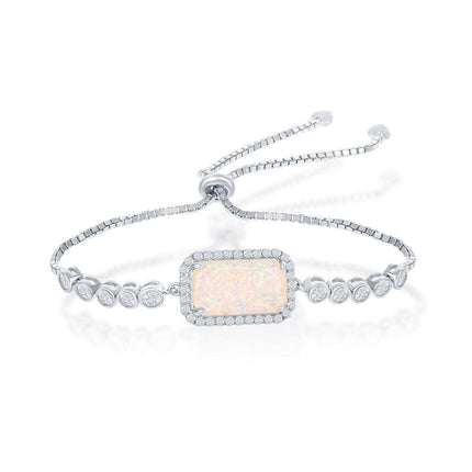 Sterling Silver Rectangle White Opal with CZ Border Bezel-Set CZ Adjustable Bolo Bracelet ,