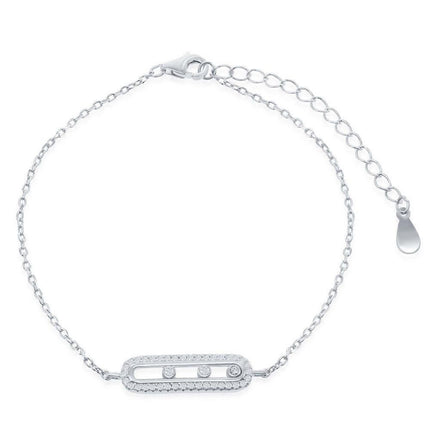Sterling Silver Rectangle with Sliding Bezel-Set CZ Bracelet, 6" ,
