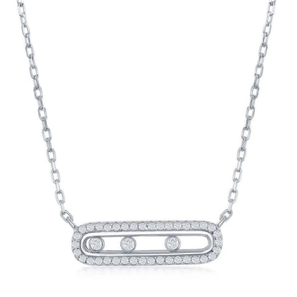Sterling Silver Rectangle with Sliding Bezel-Set CZ's Necklace ,
