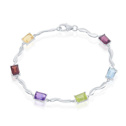 Sterling Silver Rectangular Multi Colored Gemstone Bracelet, 7" ,
