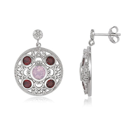 Sterling Silver Red and Pink Topaz Circle Earrings ,