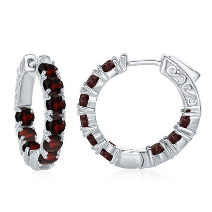 Sterling Silver Red Garnet Gemstone Hoop Earrings ,