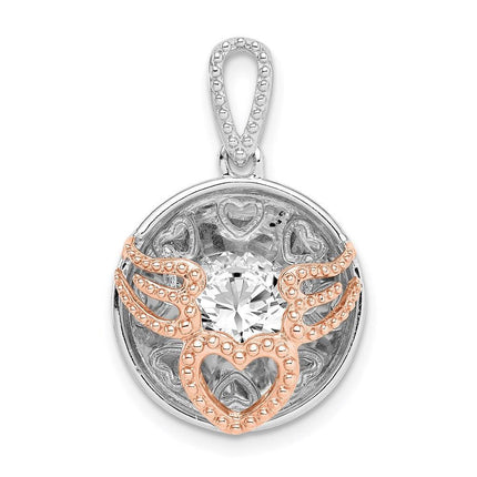 Sterling Silver Rhod-plated & Rose-tone Heart & Wings w/Vibrant CZ Pendant ,