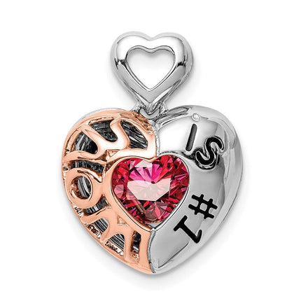 Sterling Silver Rhod-plated & Rose-tone Mom is #1 Vibrant Red CZ Pendant ,