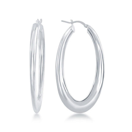 Sterling Silver Rhodium Plated Bottom Flat Oval Hoop Earrings ,