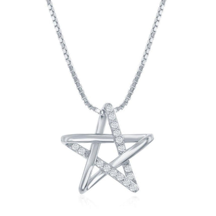 Sterling Silver Rhodium Plated Cubic Zirconia Star Necklace ,