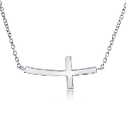 Sterling Silver Rhodium Plated Curved Sideways Cross Necklace ,