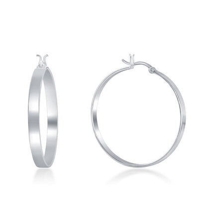 Sterling Silver Rhodium Plated Flat Hoop Earrings, 4 x 30 mm ,