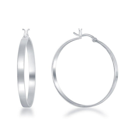 Sterling Silver Rhodium Plated Flat Hoop Earrings, 4 x 35 mm ,