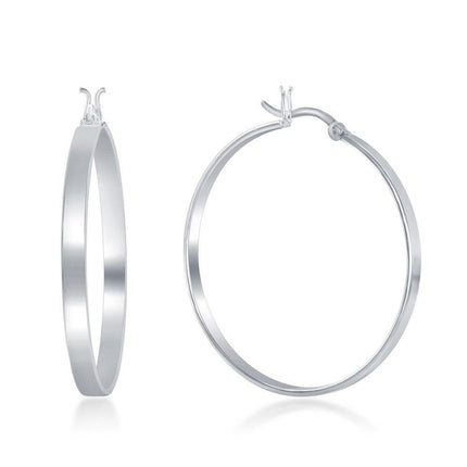 Sterling Silver Rhodium Plated Flat Hoop Earrings, 4 x 40 mm ,