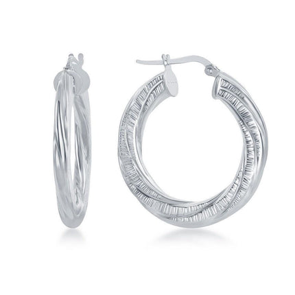 Sterling Silver Rhodium Plated Twisted Designed Hoop Earrings ,