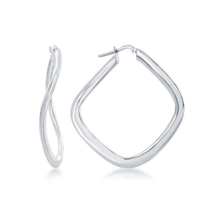 Sterling Silver Rhodium Plated Twisted Diamond-Shaped Earrings ,