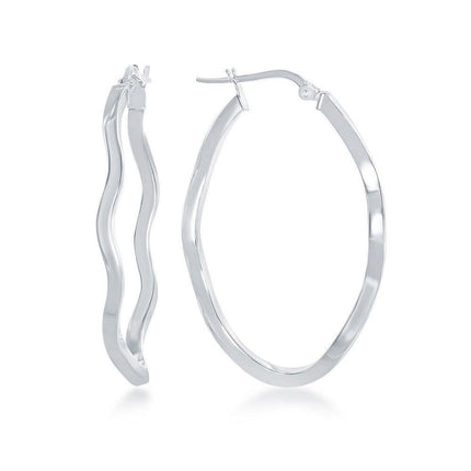 Sterling Silver Rhodium Plated Wavy Designed Oval Hoop Earrings ,
