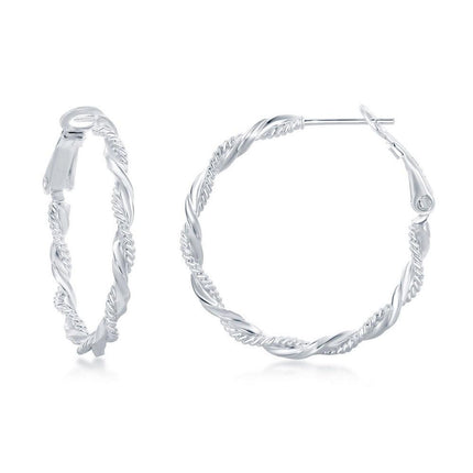 Sterling Silver Rope and Twist Design Hoop Earrings ,