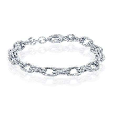 Sterling Silver Rope Design Double Oval Linked Bracelet; MADE IN ITALY ,