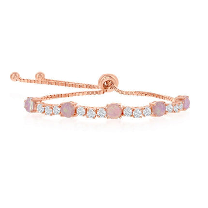 Sterling Silver Rose Gold 4-Prong CZ and Pink Opal Bracelet ,