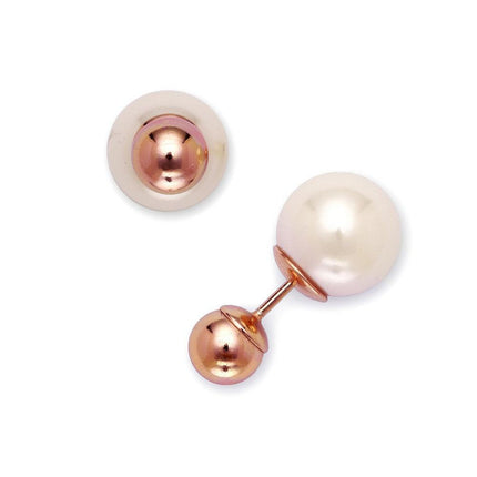 Sterling Silver Rose Gold Bead White Pearl Earrings ,