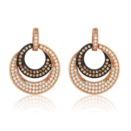 Sterling Silver Rose Gold Circle with Pave Earrings ,