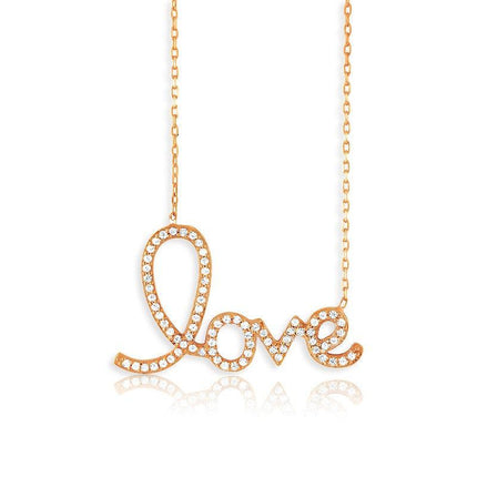 Sterling Silver Rose Gold CZ LOVE Script Necklace ,