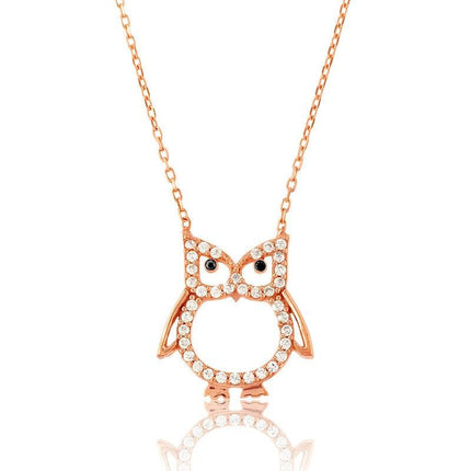 Sterling Silver Rose Gold CZ Open Owl Necklace ,