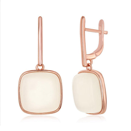 Sterling Silver Rose Gold Natural White Moon Stone Square Earrings ,