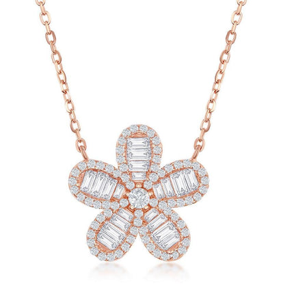 Sterling Silver Rose Gold Plated Baguette CZ Flower Necklace ,