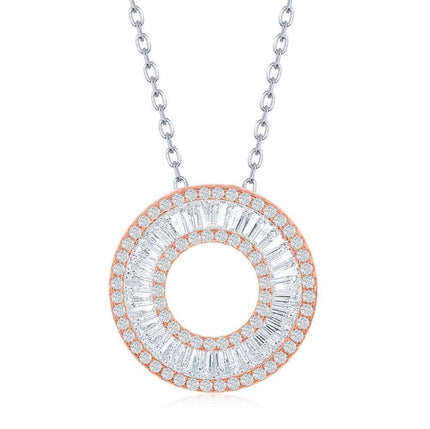 Sterling Silver Rose Gold Plated Baguette CZ Open Circle Necklace ,