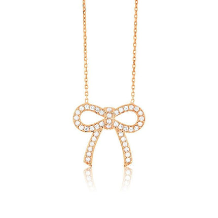 Sterling Silver Rose Gold Plated CZ Bow Necklace ,