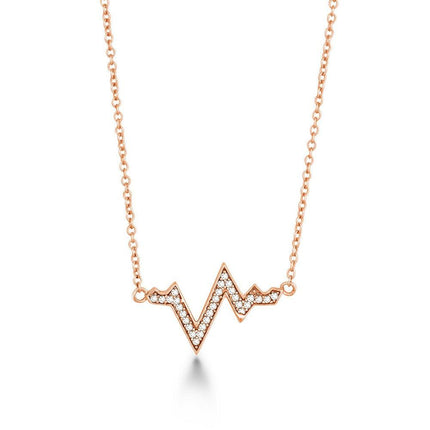 Sterling Silver Rose Gold Plated CZ Heartbeat Necklace ,